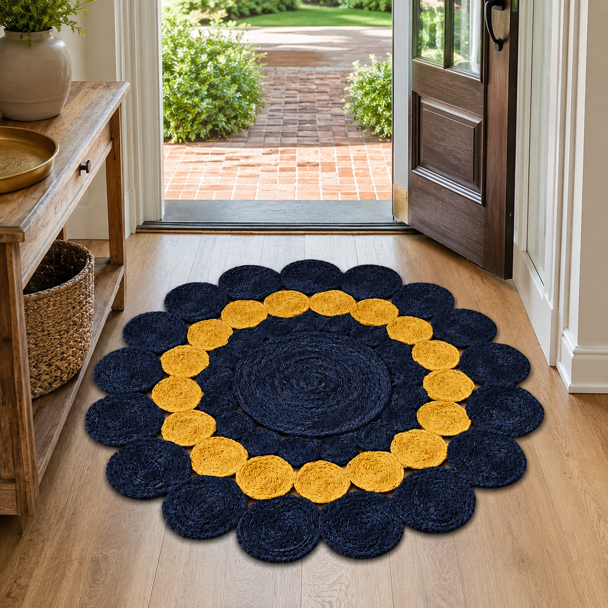 Jute Rug Round Shape Area Rug 100% Hand Braided Rustic Look Area Rug for Home Decor Farmhouse Boho Carpet Mats ( Blue & Yellow)