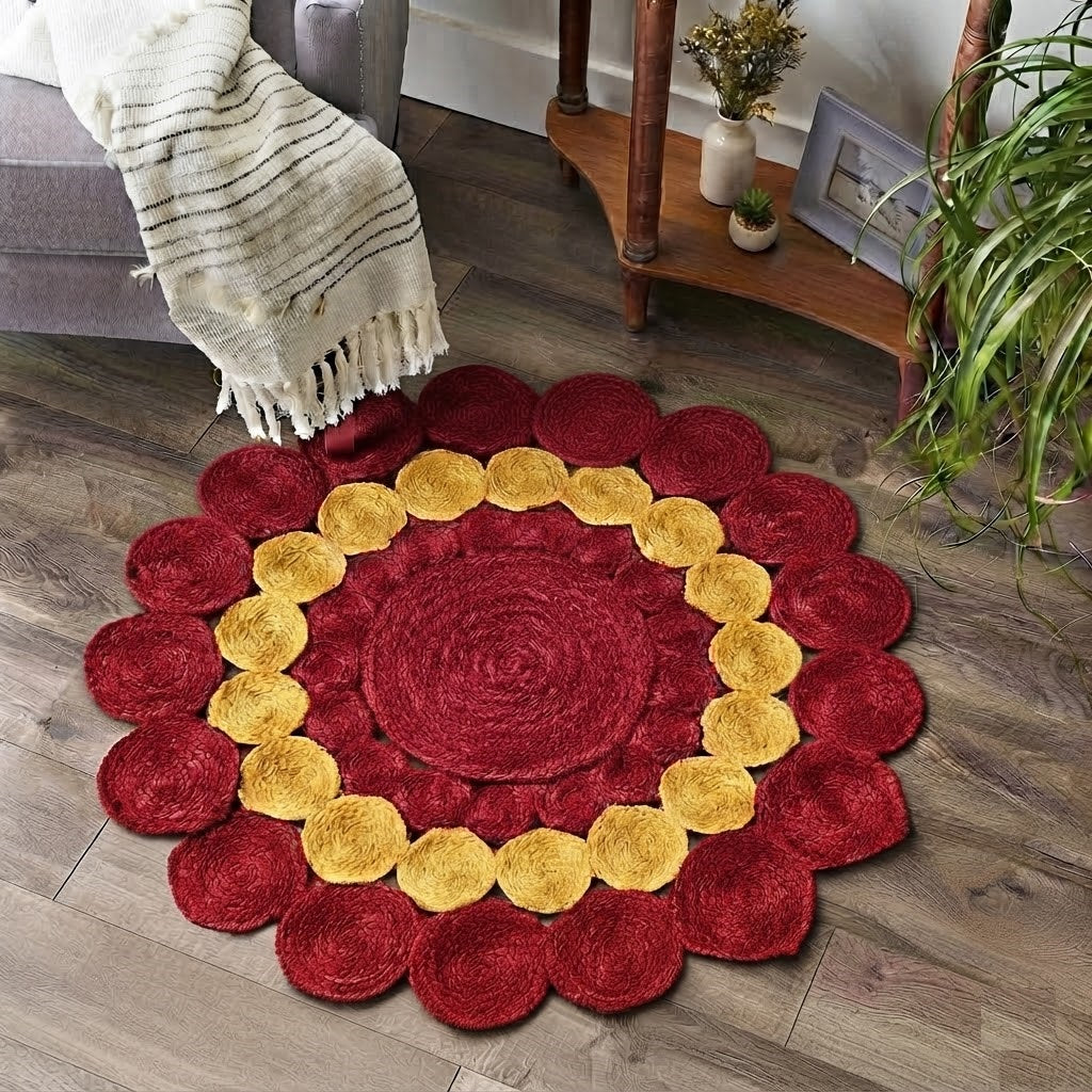 Jute Rug Round Shape Area Rug 100% Hand Braided Rustic Look Area Rug for Home Decor Farmhouse Boho Carpet Mats ( Red & Yellow)