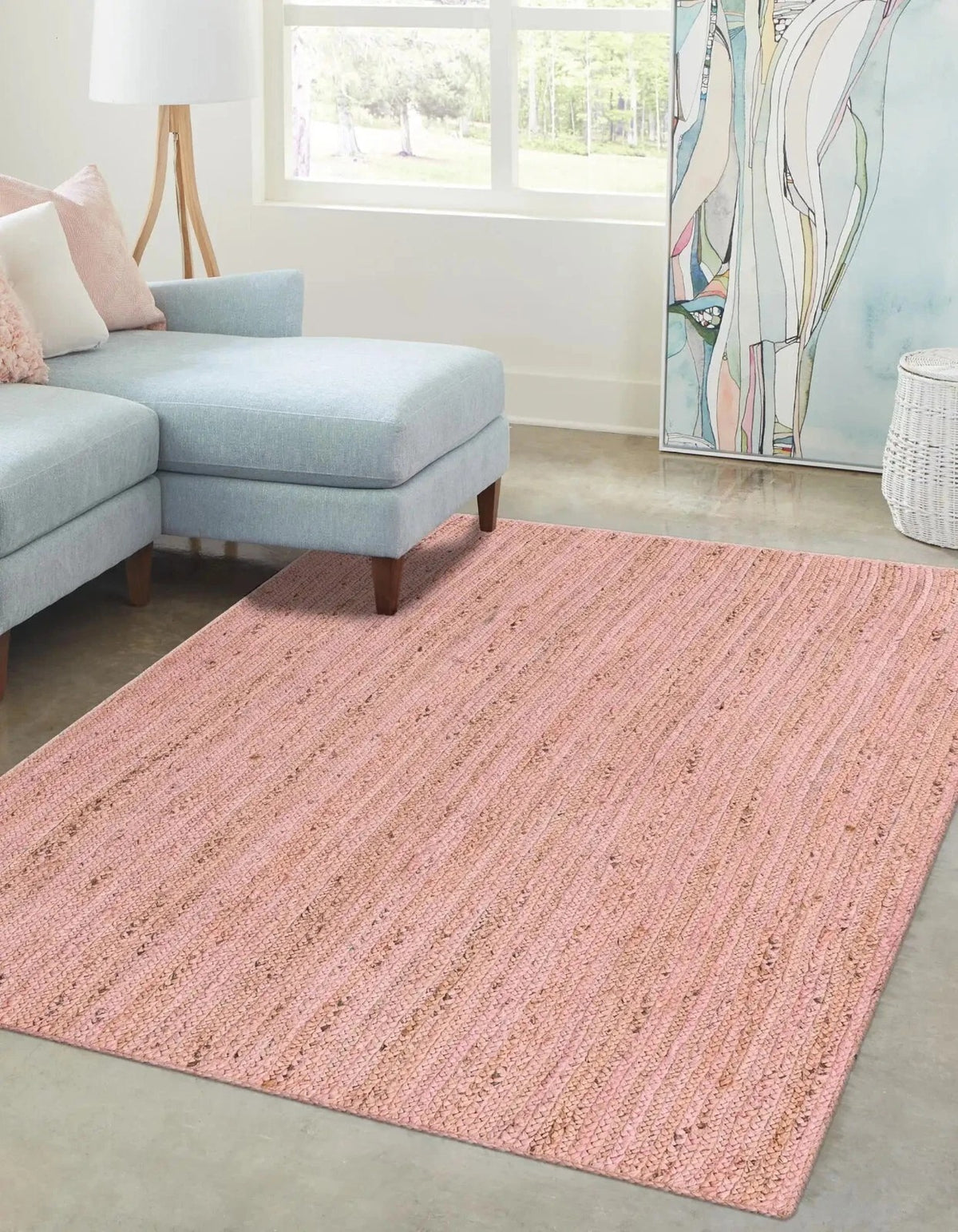 Rectangle Jute Area Rug Hand Woven Braided Sisal Rug Home Decor Farmhouse Carpet Rag Rug for Kitchen Living Room and Bedroom-Pink Dye