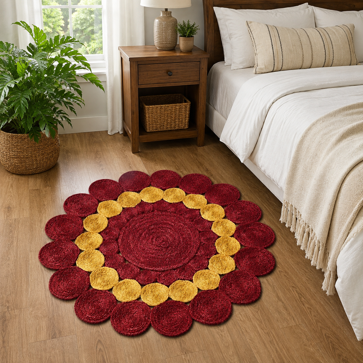 Jute Rug Round Shape Area Rug 100% Hand Braided Rustic Look Area Rug for Home Decor Farmhouse Boho Carpet Mats ( Red & Yellow)