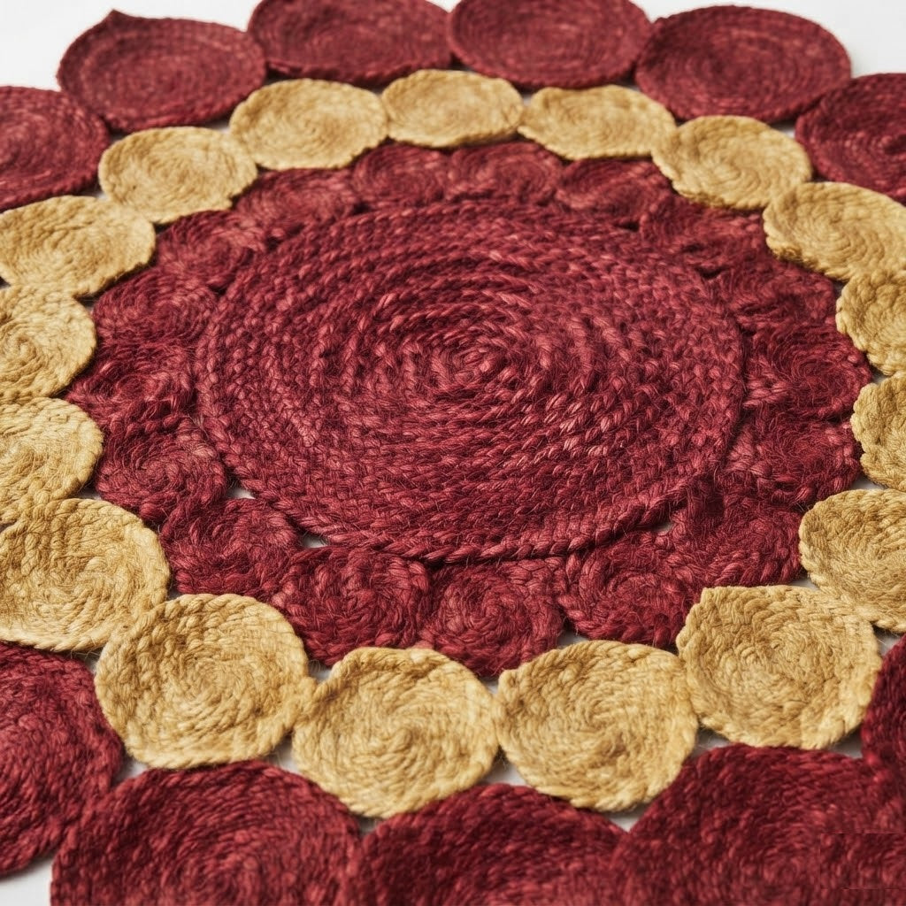 Jute Rug Round Shape Area Rug 100% Hand Braided Rustic Look Area Rug for Home Decor Farmhouse Boho Carpet Mats ( Red & Yellow)