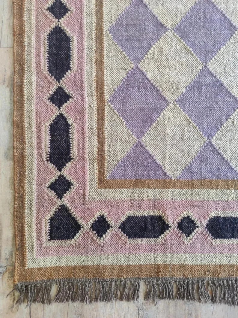 Handmade Kilim Boho Mats Wool Durable Rustic Look Boho Area Carpet Farmhouse Rectangle Jute Rug