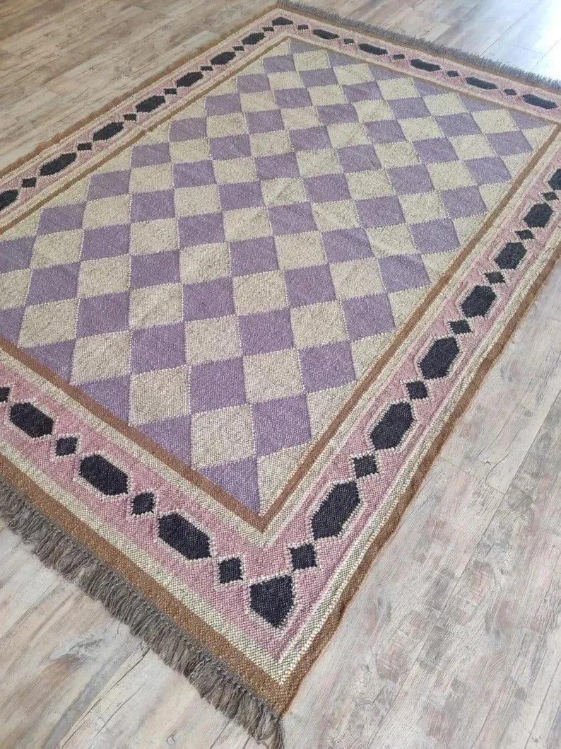 Handmade Kilim Boho Mats Wool Durable Rustic Look Boho Area Carpet Farmhouse Rectangle Jute Rug