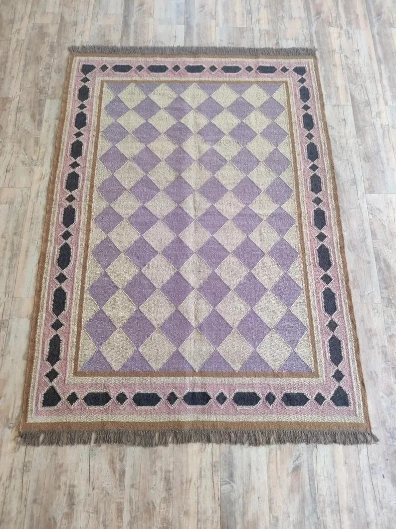Handmade Kilim Boho Mats Wool Durable Rustic Look Boho Area Carpet Farmhouse Rectangle Jute Rug