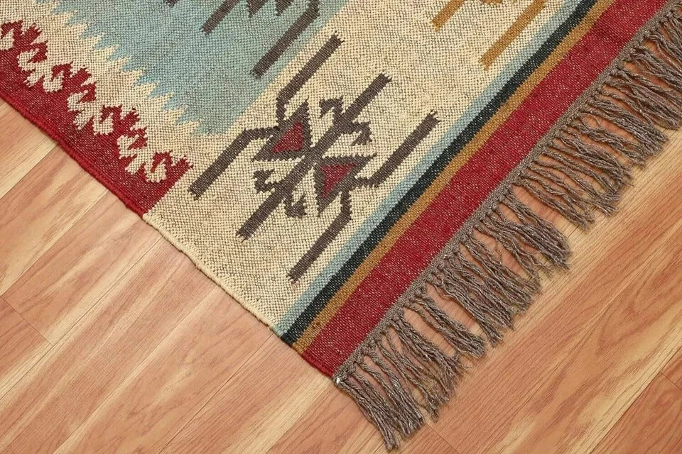 Durable Rustic Look Farmhouse Rectangle Jute Rug Handmade Kilim Boho Mats Wool Boho Area Carpet