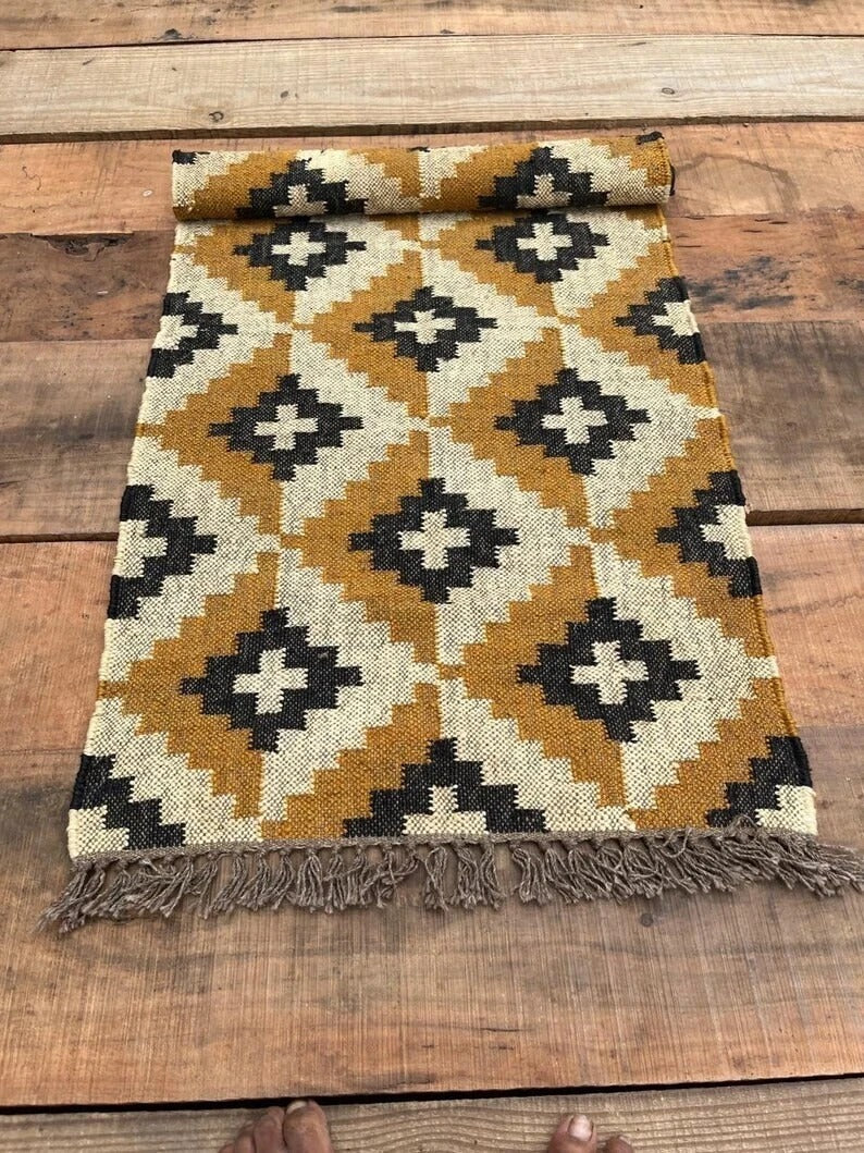 Handmade Kilim Durable Rustic Look Farmhouse Rectangle Jute Rug Boho Mats Wool Boho Area Carpet