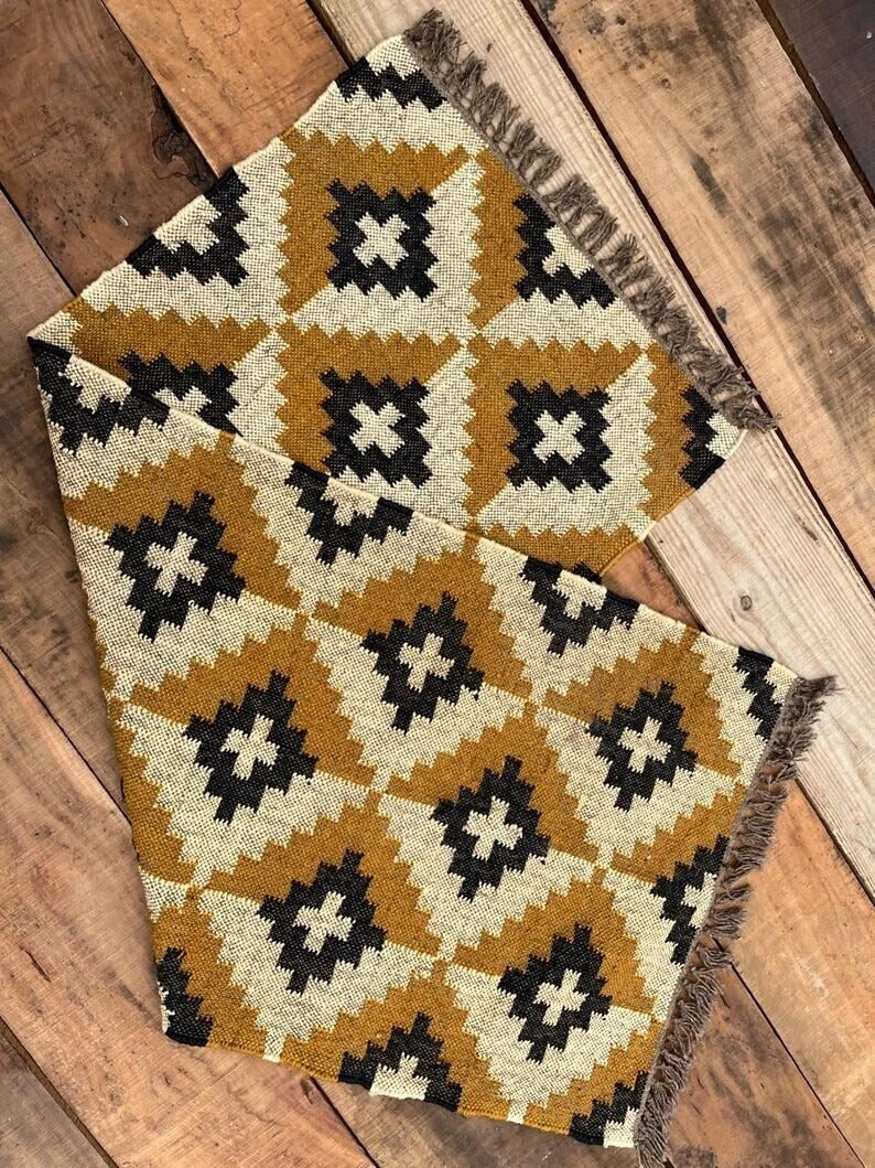 Handmade Kilim Durable Rustic Look Farmhouse Rectangle Jute Rug Boho Mats Wool Boho Area Carpet