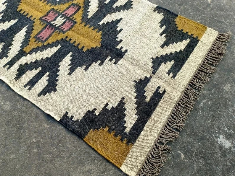 Handmade Kilim Durable Rustic Look Rectangle Jute Rug Boho Mats Wool Boho Area Farmhouse Carpet