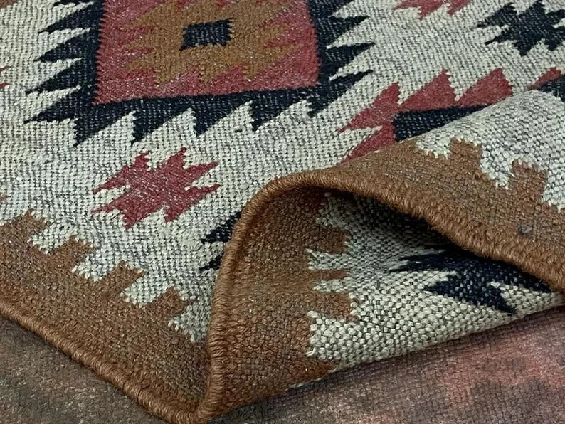 Handmade Kilim Durable Rustic Look Jute Rug Boho Mats Wool Boho Rectangle Farmhouse Area Carpet