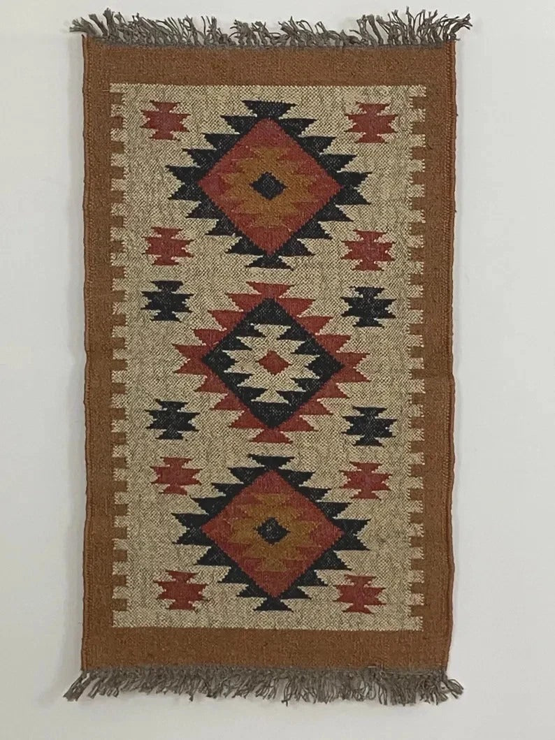 Handmade Kilim Durable Rustic Look Jute Rug Boho Mats Wool Boho Rectangle Farmhouse Area Carpet