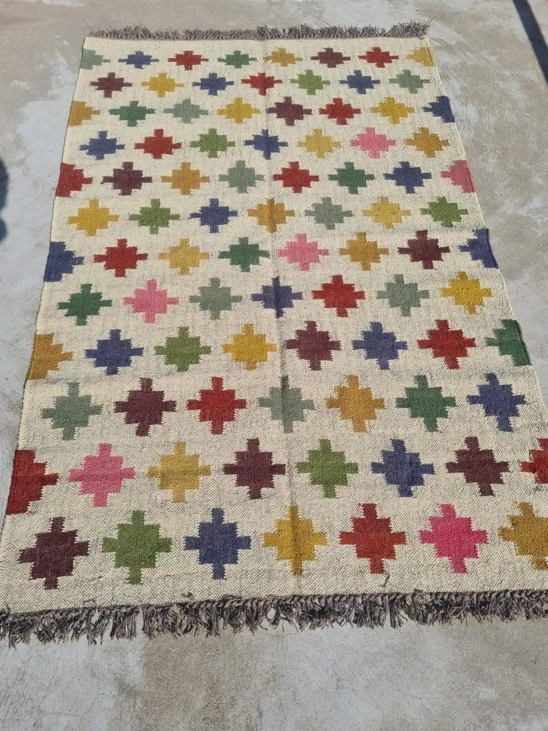 Handmade Kilim Durable Rustic Look Jute Rug Boho Mats Wool Boho Rectangle Farmhouse Area Carpet
