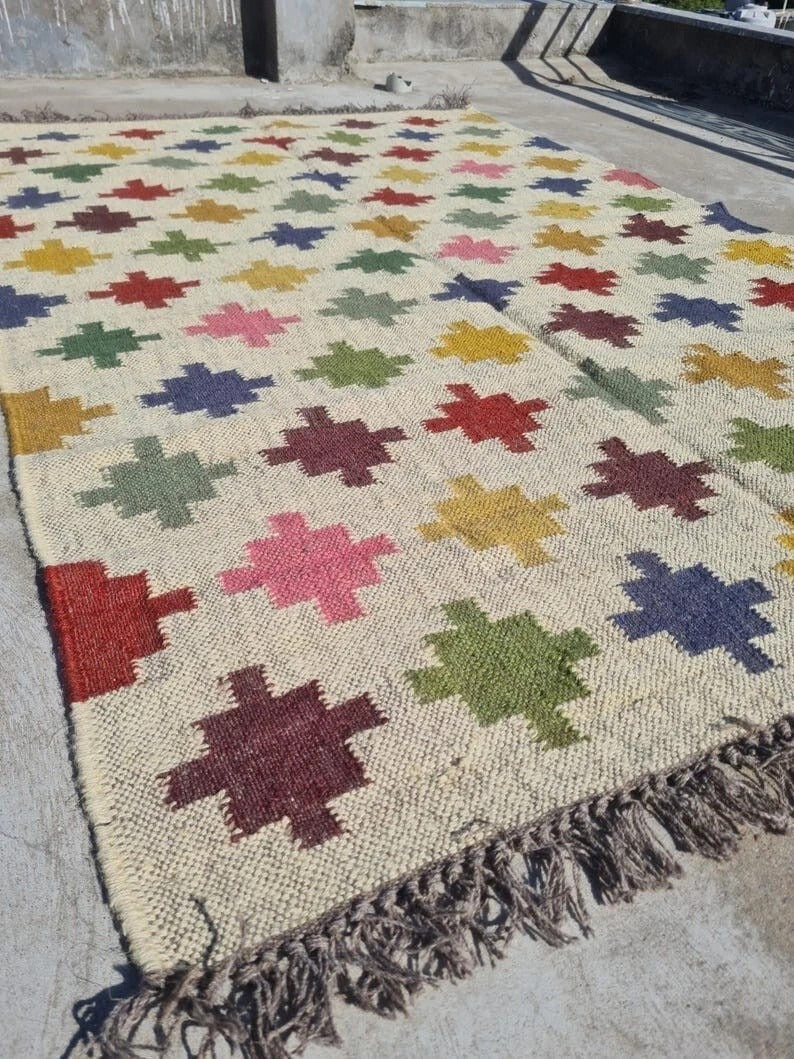 Handmade Kilim Durable Rustic Look Jute Rug Boho Mats Wool Boho Rectangle Farmhouse Area Carpet