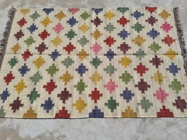 Handmade Kilim Durable Rustic Look Jute Rug Boho Mats Wool Boho Rectangle Farmhouse Area Carpet