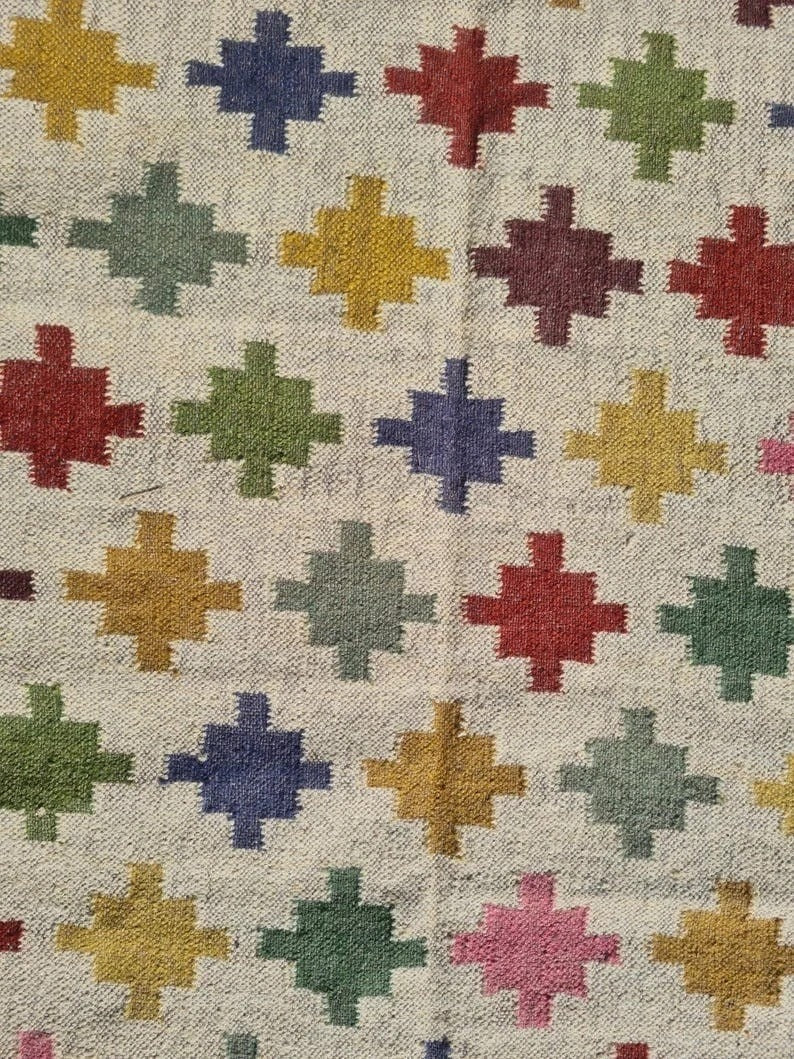 Handmade Kilim Durable Rustic Look Jute Rug Boho Mats Wool Boho Rectangle Farmhouse Area Carpet
