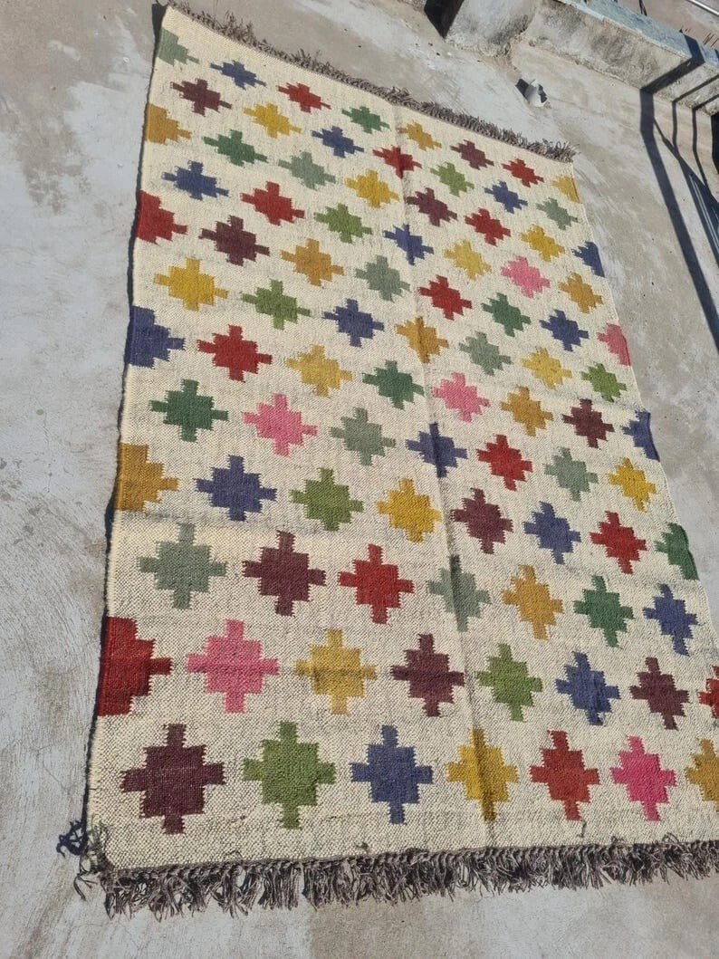 Handmade Kilim Durable Rustic Look Jute Rug Boho Mats Wool Boho Rectangle Farmhouse Area Carpet
