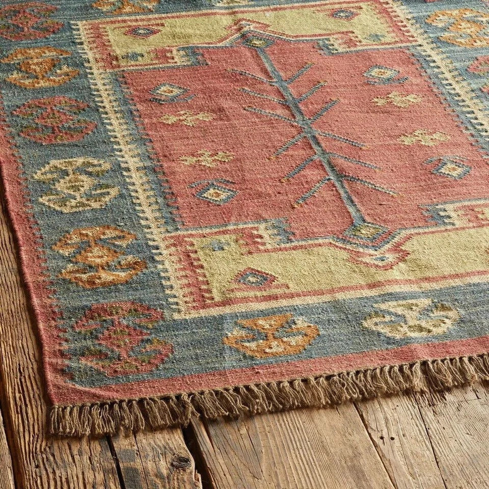 Handmade Kilim Durable Rustic Look Jute Rug Boho Mats Wool Boho Farmhouse Rectangle Area Carpet
