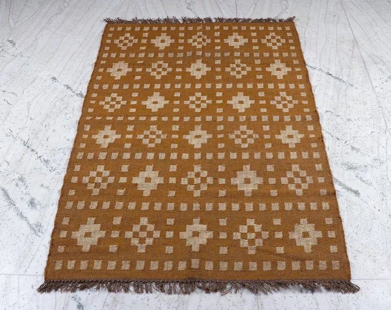 Handmade Kilim Durable Rustic Look Jute Rug Boho Mats Wool Boho Farmhouse Rectangle Area Carpet - Yellow