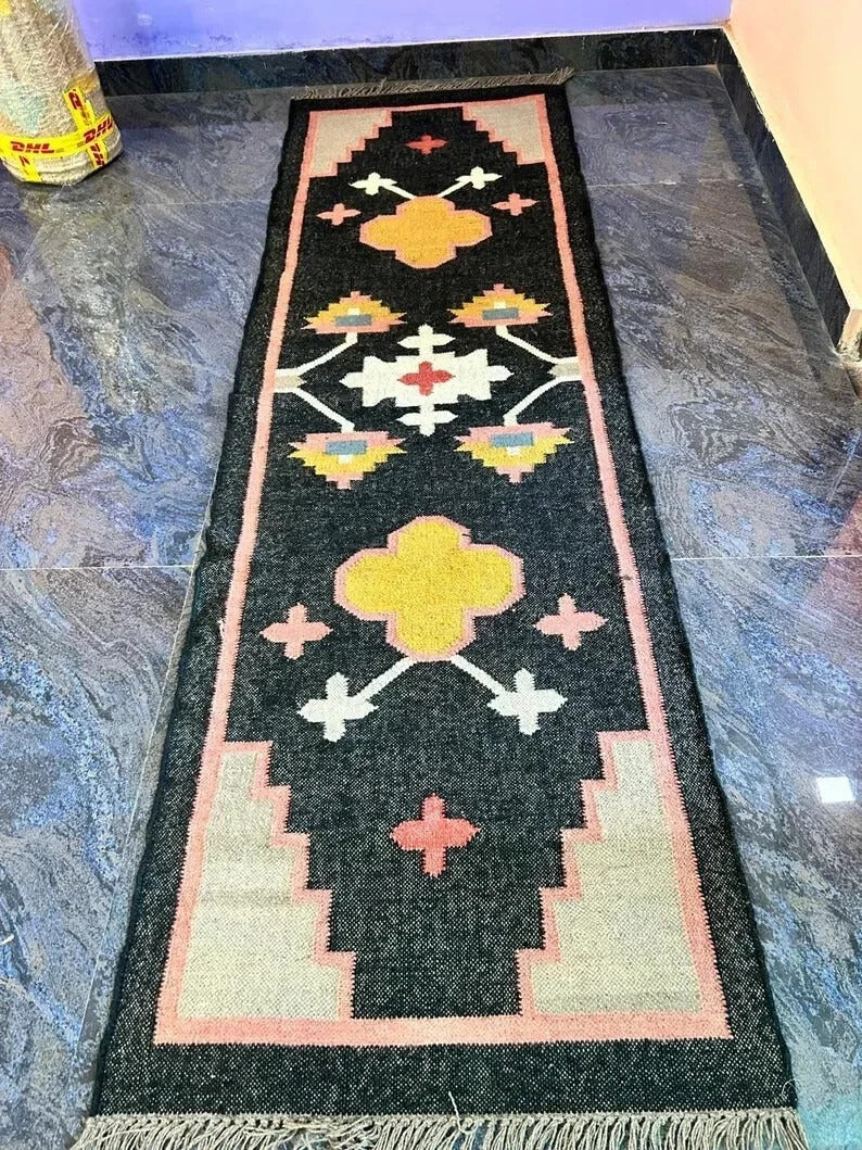 Kilim Durable Rustic Look Handmade Jute Rug Boho Mats Wool Boho Farmhouse Rectangle Area Carpet - Black