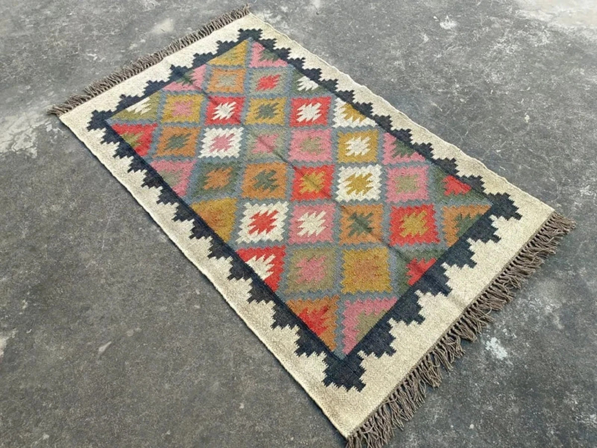 Rectangle Area Carpet Handmade Jute Rug Kilim Durable Wool Boho Farmhouse Rustic Look Boho Mats