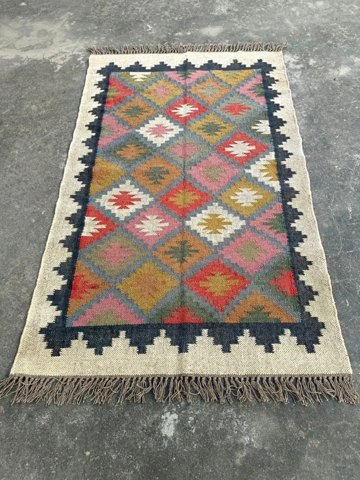 Rectangle Area Carpet Handmade Jute Rug Kilim Durable Wool Boho Farmhouse Rustic Look Boho Mats