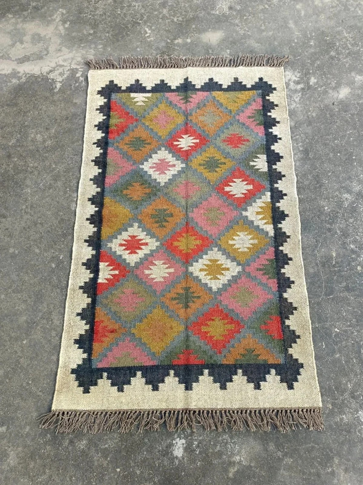 Rectangle Area Carpet Handmade Jute Rug Kilim Durable Wool Boho Farmhouse Rustic Look Boho Mats