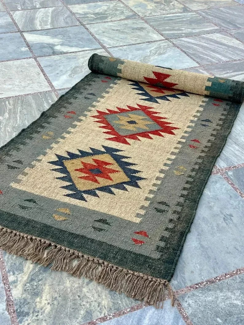 Rectangle Area Carpet Handmade Jute Rug Kilim Durable Wool Boho Farmhouse Rustic Look Boho Mats