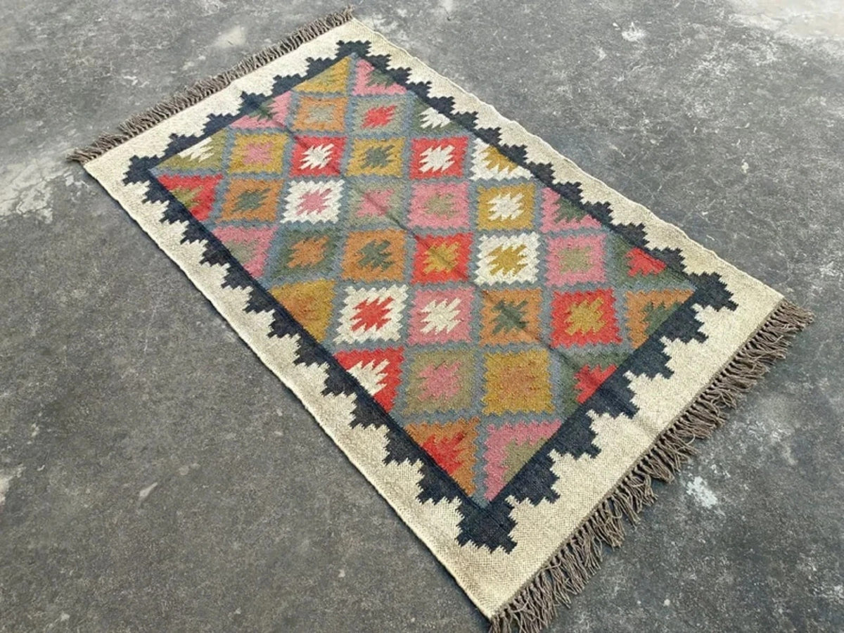 Rectangle Area Carpet Handmade Jute Rug Kilim Durable WoolBoho Farmhouse Rustic Look Mats