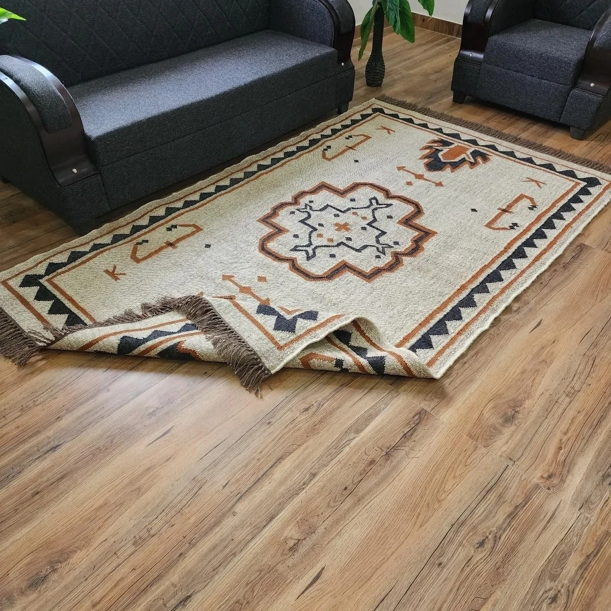 Kilim Durable Rectangle Area Carpet Handmade Jute Rug WoolBoho Farmhouse Rustic Look Mats