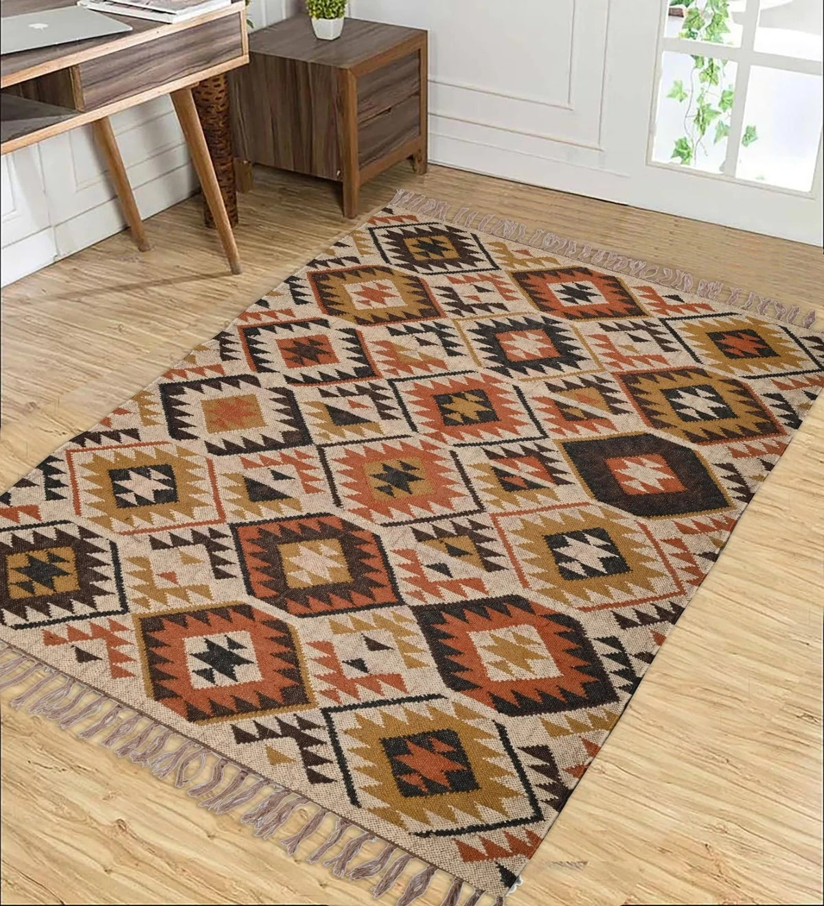 Rectangle Handmade Kilim Wool Jute Rug - Farmhouse Boho Area Carpet-Multicolor Durable Rustic Look Boho Mats-Multicolor
