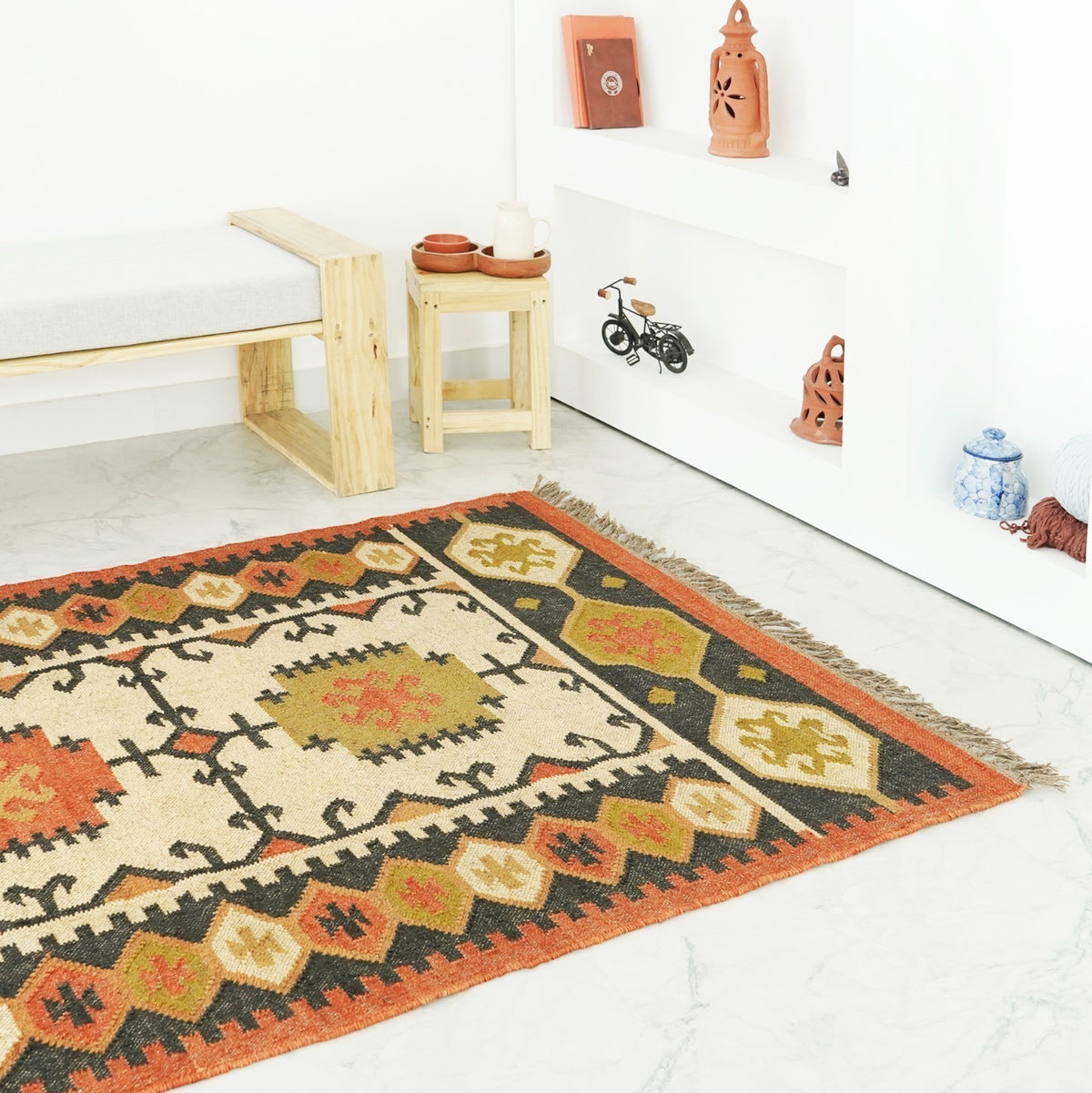 Rectangle Handmade Kilim Wool Jute Rug - Farmhouse Boho Area Carpet-Multicolor Durable Rustic Look Boho Mats