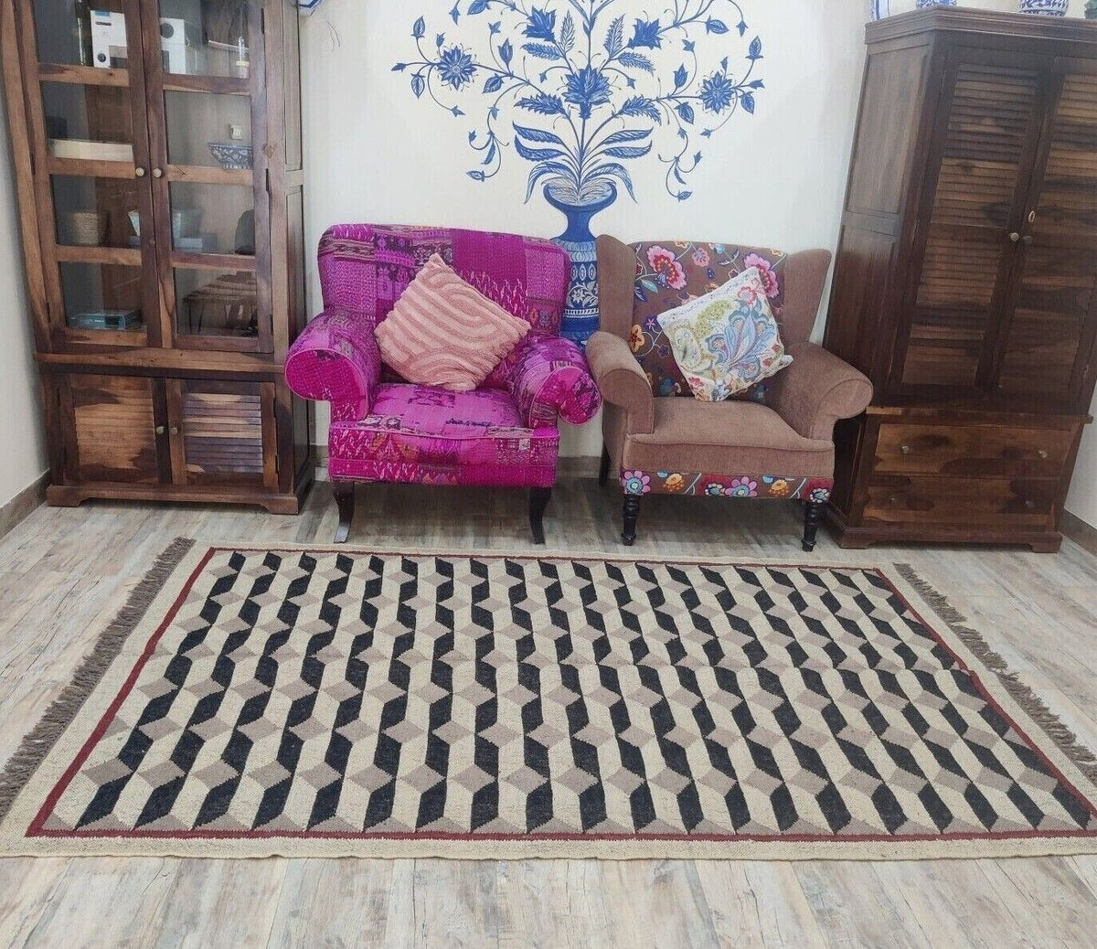 Farmhouse Rectangle Handmade Kilim Wool Jute Rug - Boho Area Carpet-Multicolor Durable Rustic Look Boho Mats
