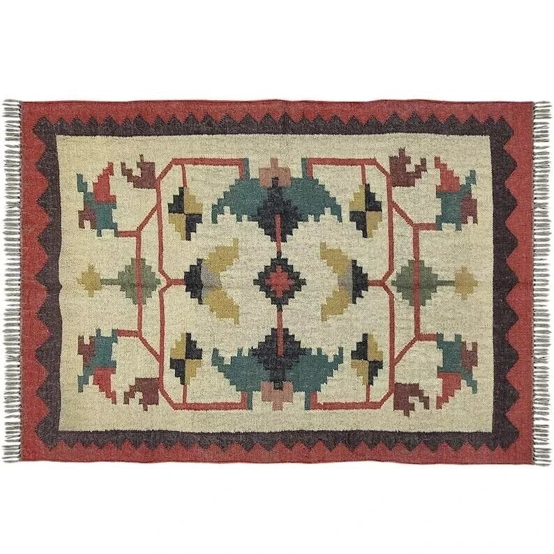 Farmhouse Rectangle Handmade Kilim Wool Jute Rug -Multicolor Durable Rustic Look Boho Mats Boho Area Carpet