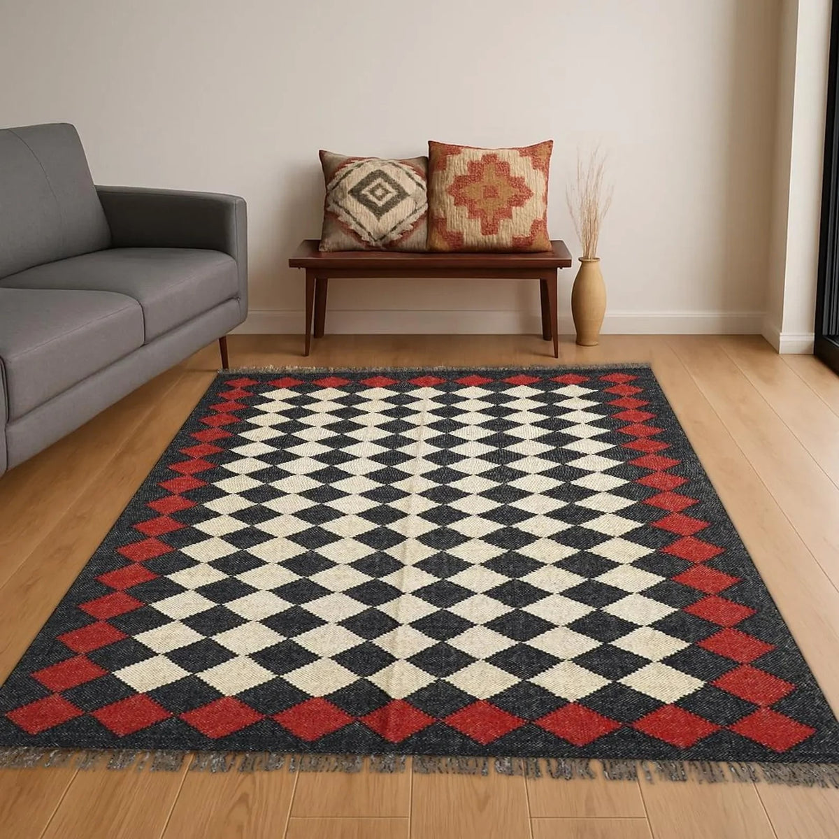 Farmhouse Rectangle Handmade Kilim Wool Jute Rug -Multicolor Durable Rustic Look Boho Mats Boho Area Carpet
