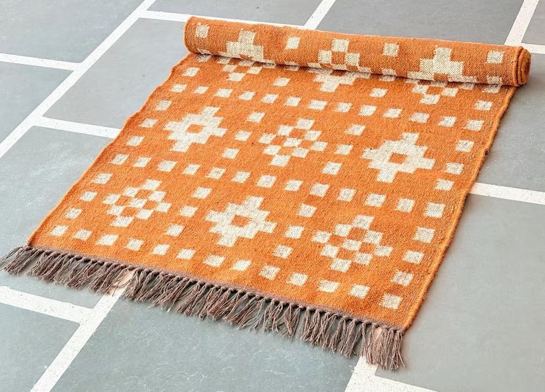 Farmhouse Rectangle Handmade Kilim Wool Jute Rug -Orange Durable Rustic Look Boho Mats Boho Area Carpet