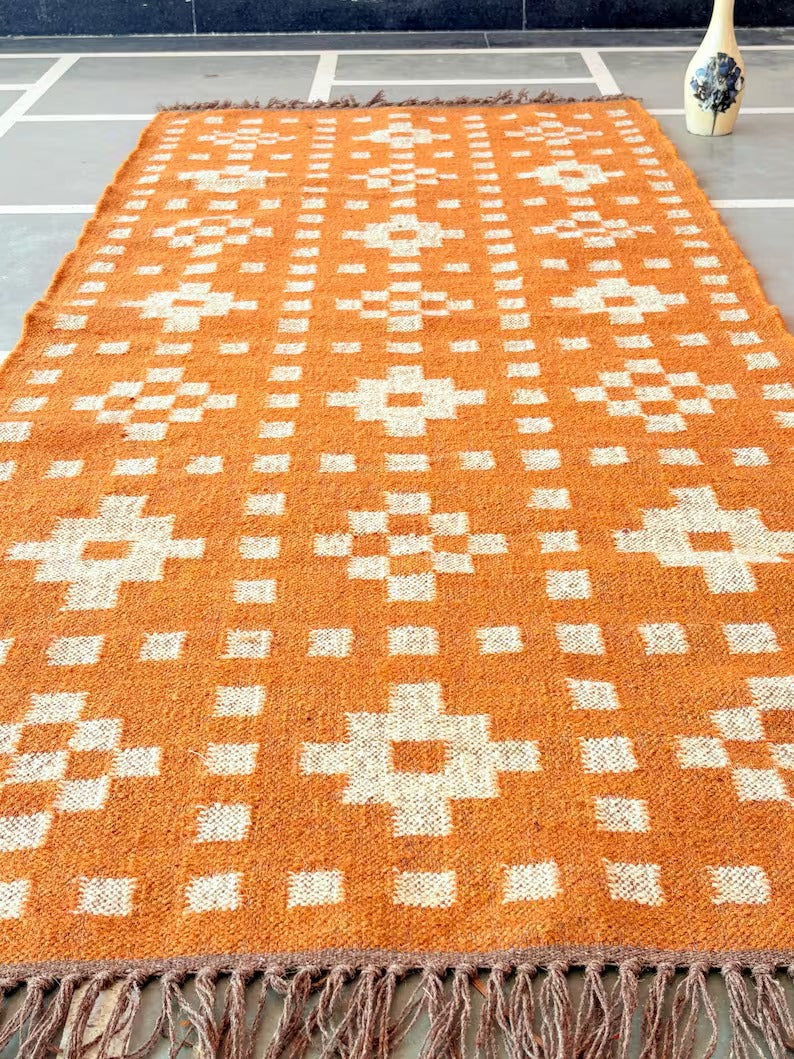 Farmhouse Rectangle Handmade Kilim Wool Jute Rug -Orange Durable Rustic Look Boho Mats Boho Area Carpet