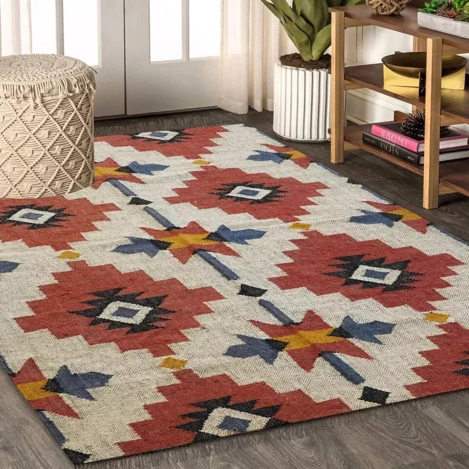 Durable Rustic Look Farmhouse Rectangle Handmade Kilim Wool Jute Rug -Boho Mats Boho Area Multicolor Carpet