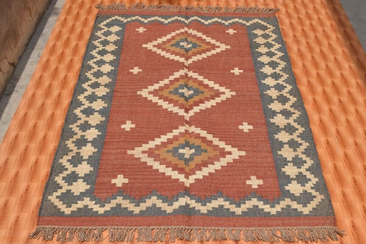 Durable Rustic Look Farmhouse Handmade Kilim Wool Jute Rug -Boho Mats Boho Area Rectangle Carpet Multicolor