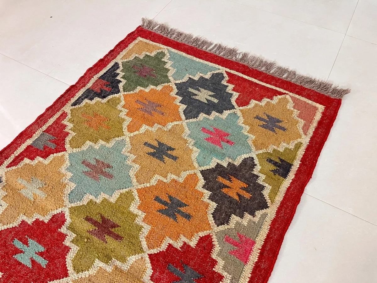 Handmade Kilim Wool Durable Rustic Look Farmhouse Jute Rug -Boho Mats Boho Area Rectangle Carpet Multicolor