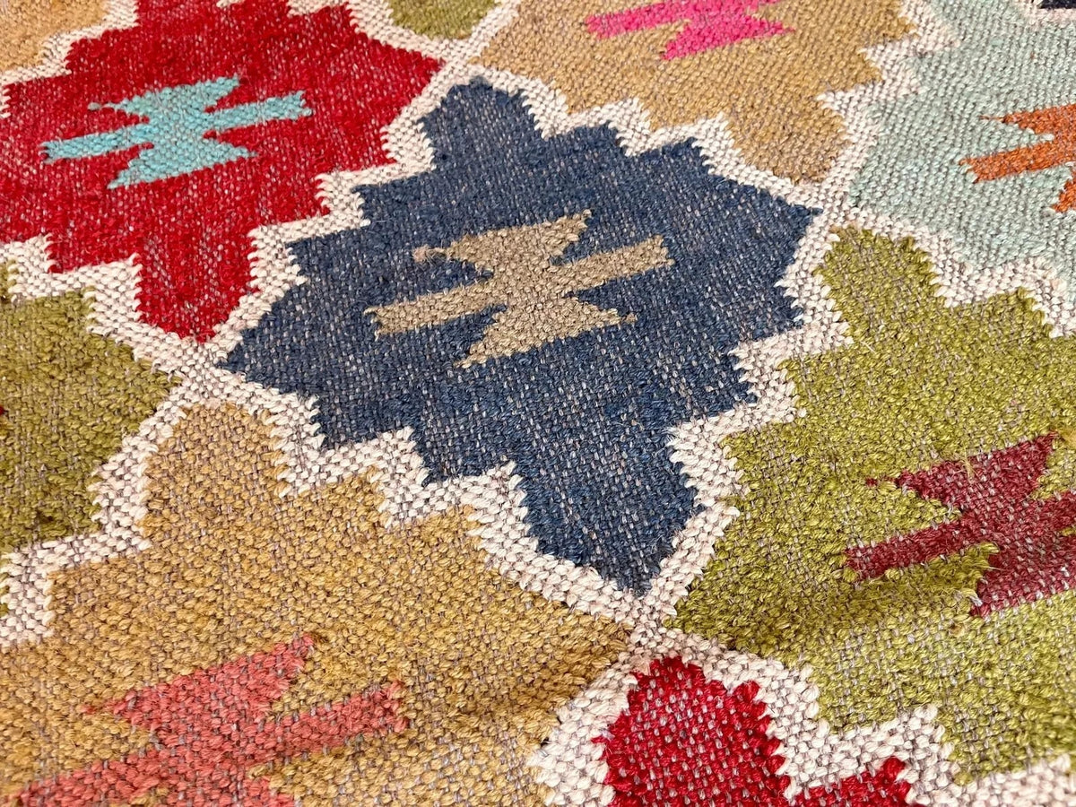 Handmade Kilim Wool Durable Rustic Look Farmhouse Jute Rug -Boho Mats Boho Area Rectangle Carpet Multicolor