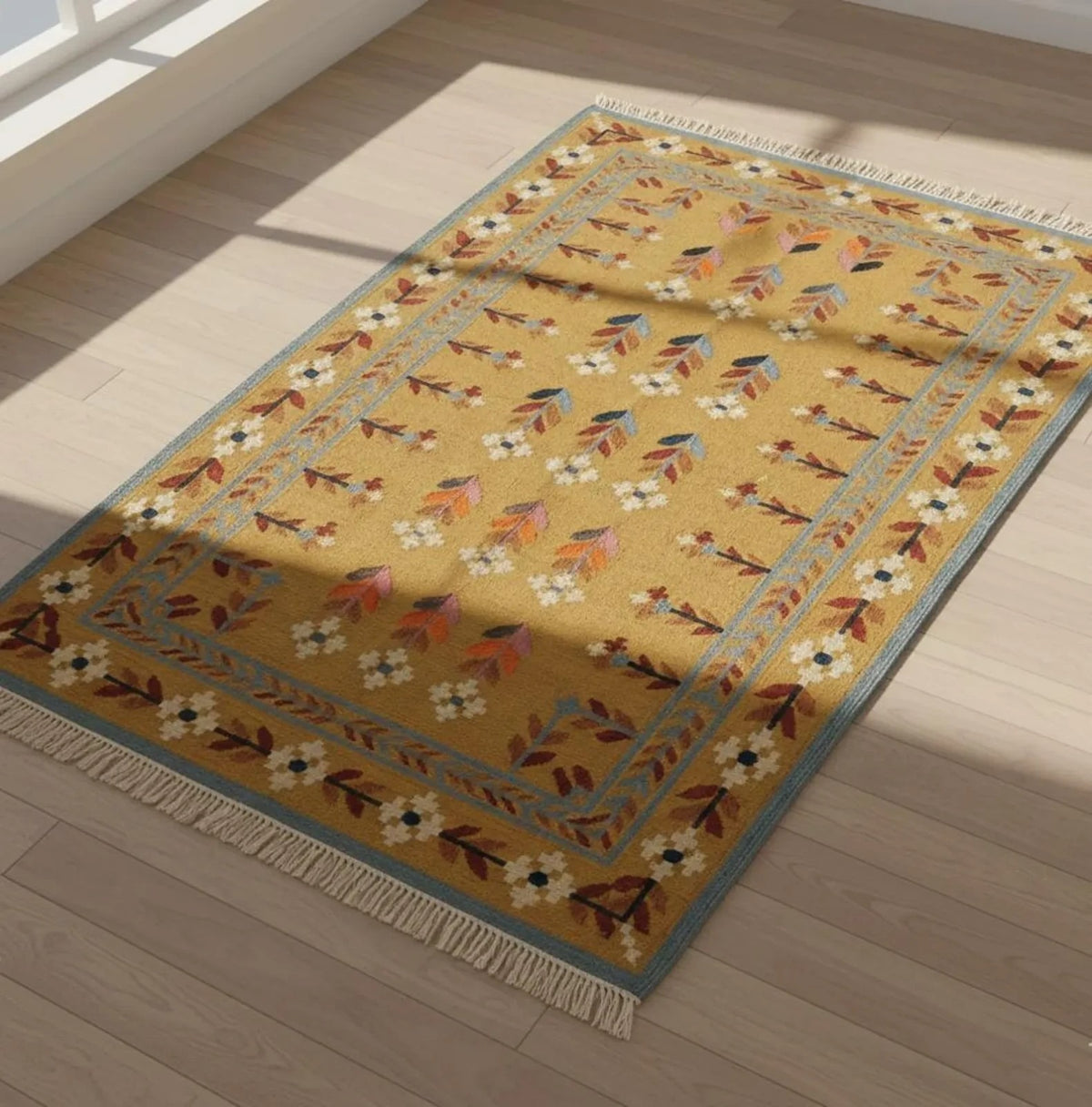 Multicolor Handmade Kilim Wool Durable Rustic Look Farmhouse Jute Rug -Boho Mats Boho Rectangle Area Carpet Yellow