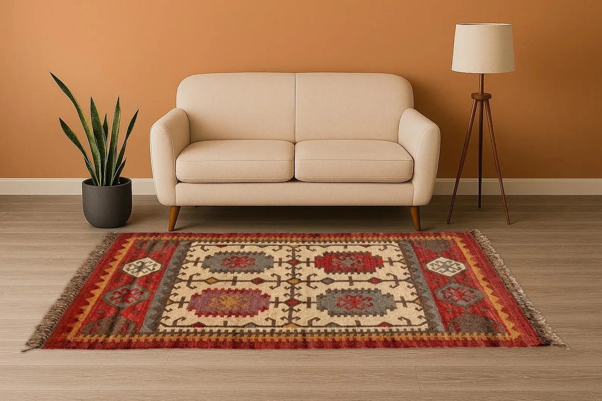 Multicolor Handmade Kilim Wool Durable Rustic Look Farmhouse Jute Rug -Rectangle Boho Mats Boho Area Carpet