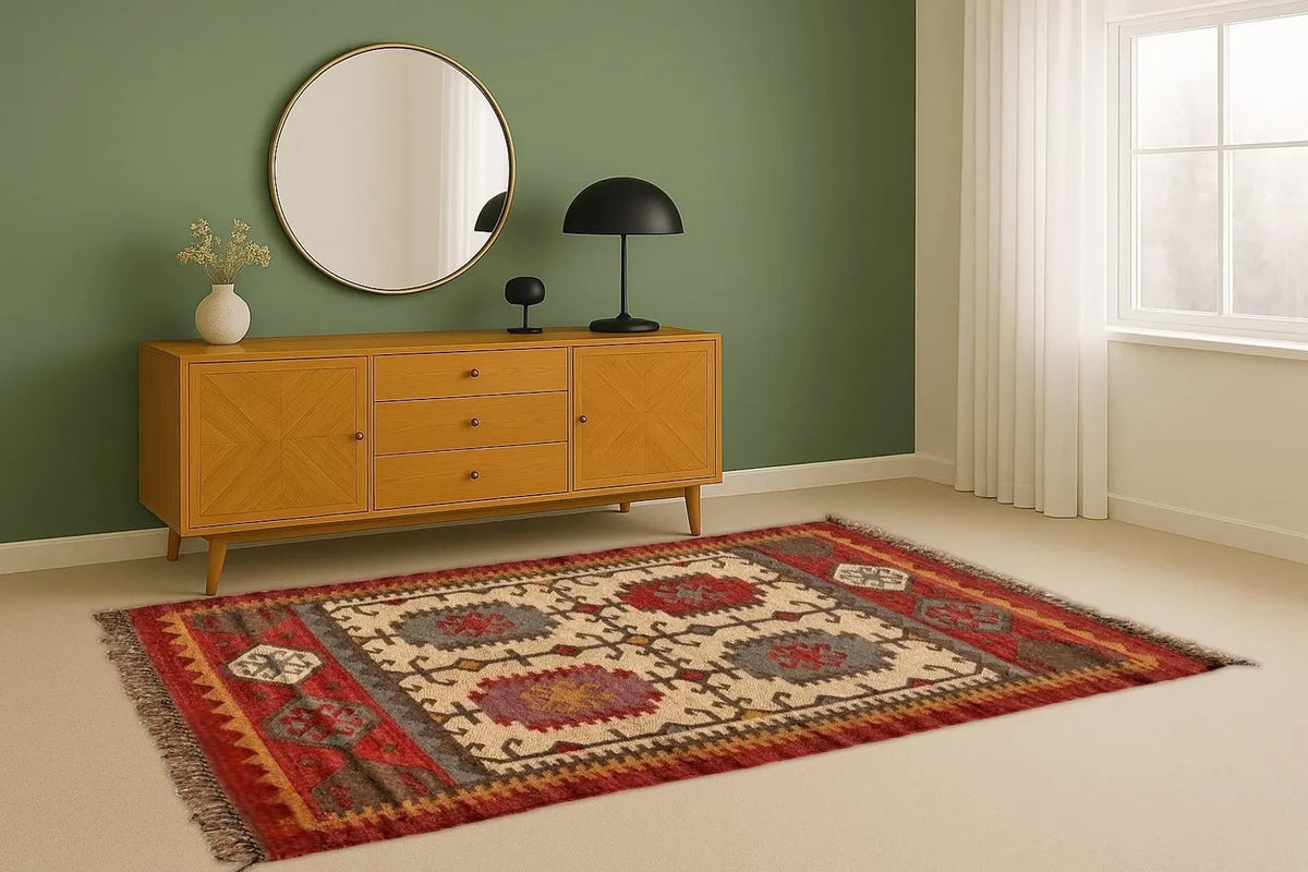 Multicolor Handmade Kilim Wool Durable Rustic Look Farmhouse Jute Rug -Rectangle Boho Mats Boho Area Carpet