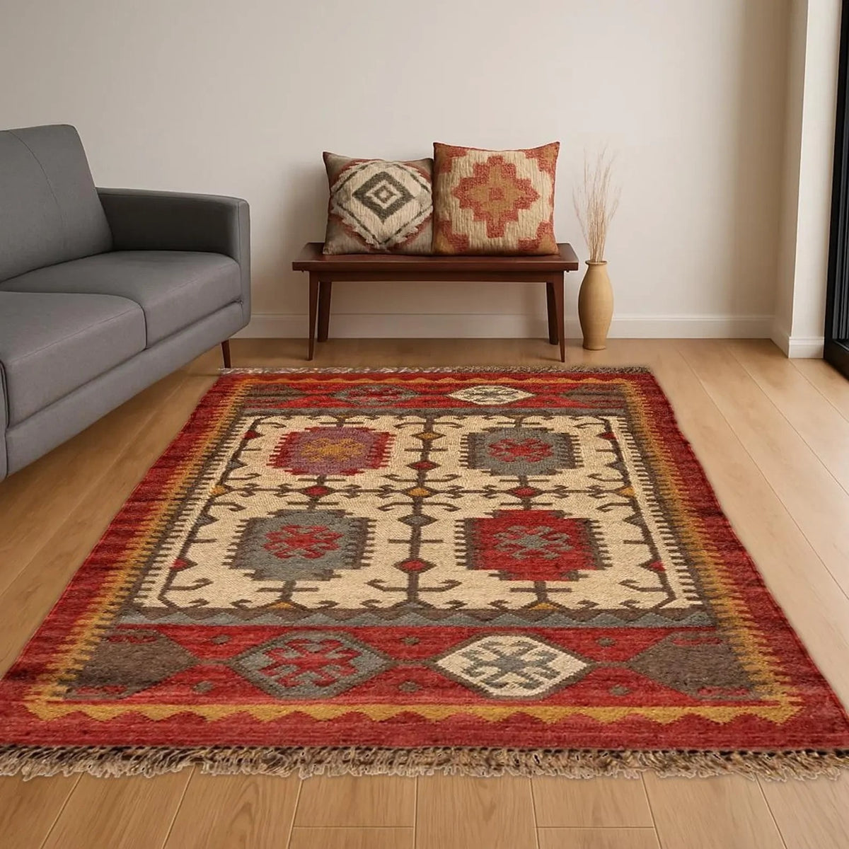 Multicolor Handmade Kilim Wool Durable Rustic Look Farmhouse Jute Rug -Rectangle Boho Mats Boho Area Carpet