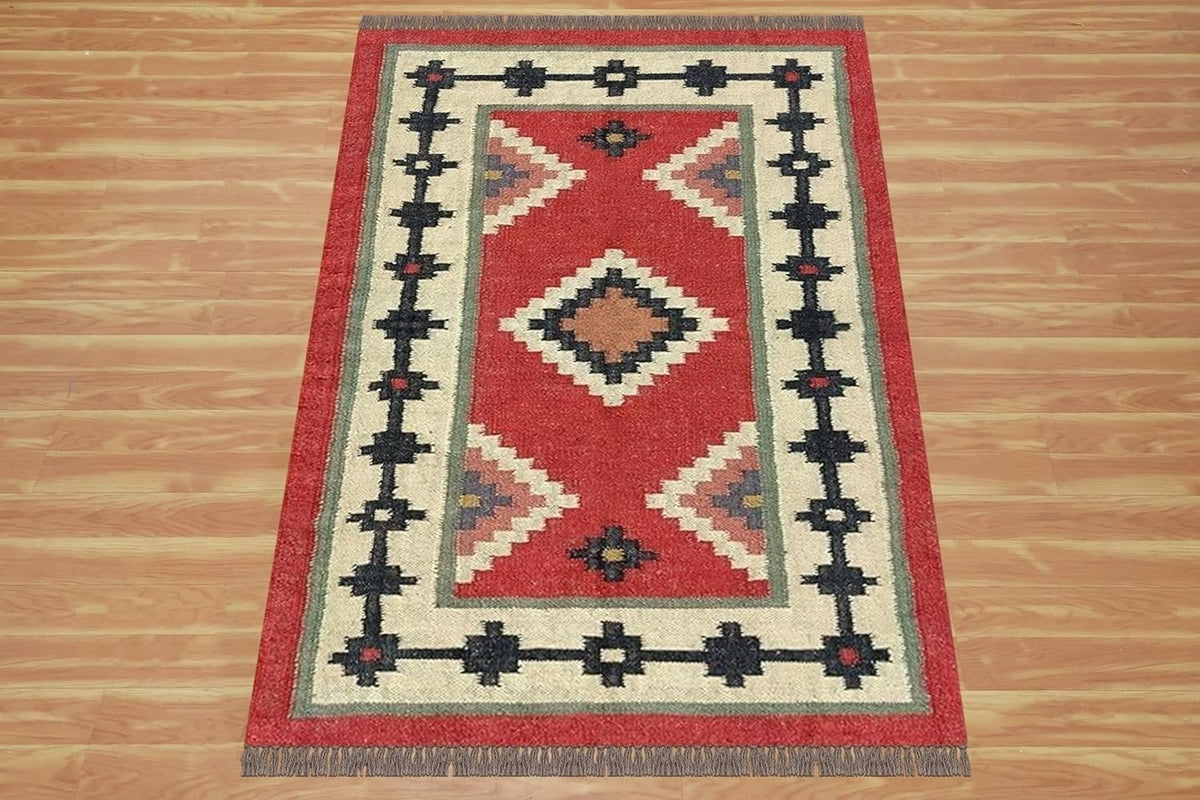 Rectangle Boho Mats Multicolor Handmade Kilim Wool Durable Rustic Look Farmhouse Jute Rug - Boho Area Carpet