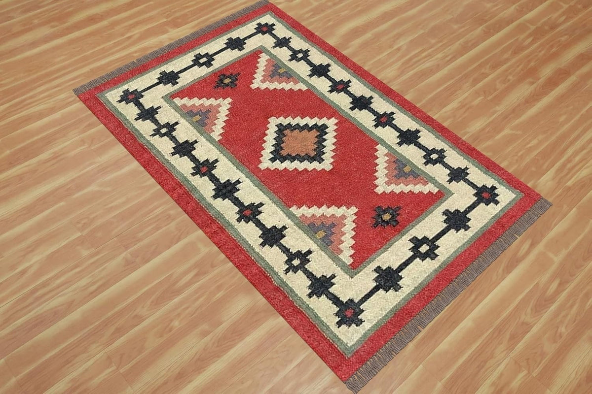 Rectangle Boho Mats Multicolor Handmade Kilim Wool Durable Rustic Look Farmhouse Jute Rug - Boho Area Carpet