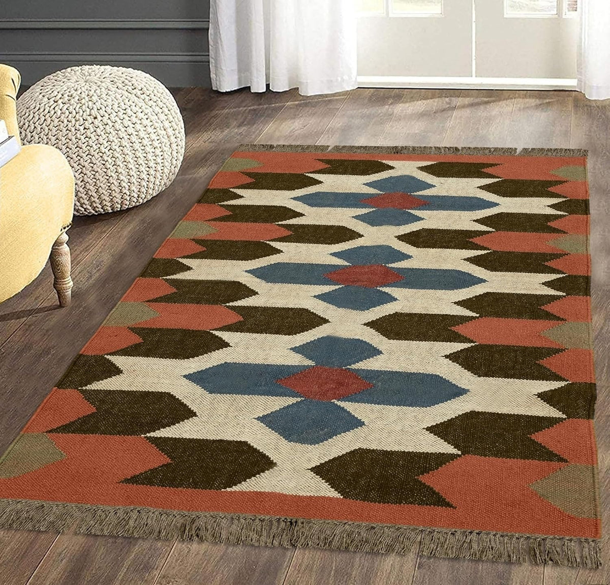 Rectangle Boho Mats Multicolor Handmade Kilim Wool Durable Rustic Look Farmhouse Jute Rug - Boho Area Carpet