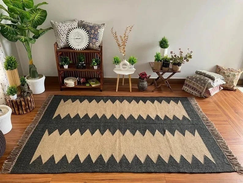 Handmade Kilim Rectangle Boho Mats Multicolor Wool Durable Rustic Look Farmhouse Jute Rug - Boho Area Carpet