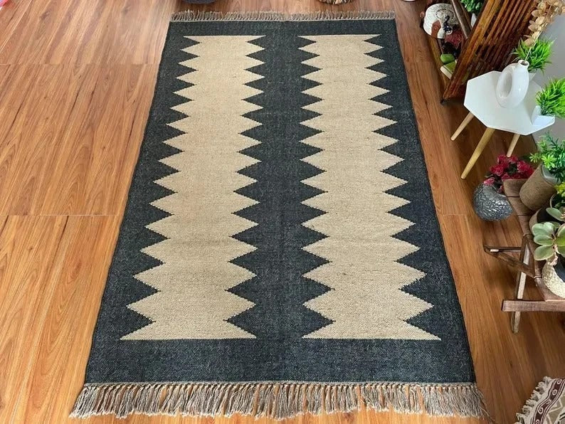 Handmade Kilim Rectangle Boho Mats Multicolor Wool Durable Rustic Look Farmhouse Jute Rug - Boho Area Carpet