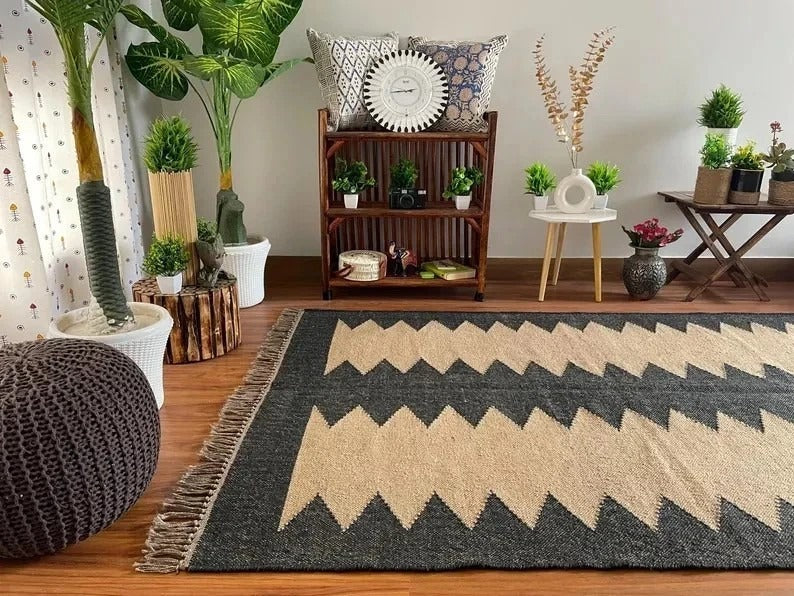 Handmade Kilim Rectangle Boho Mats Multicolor Wool Durable Rustic Look Farmhouse Jute Rug - Boho Area Carpet