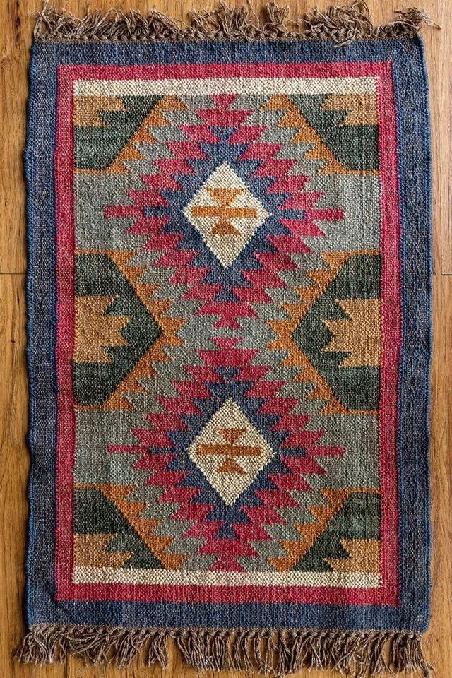 Handmade Kilim Rectangle Boho Mats Wool Durable Rustic Look Farmhouse Jute Rug - Boho Area Carpet Multicolor